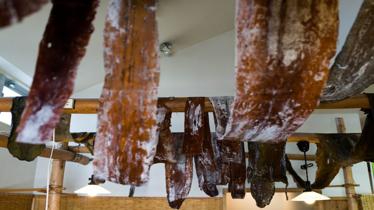 large sheets of seaweed drying on poles
