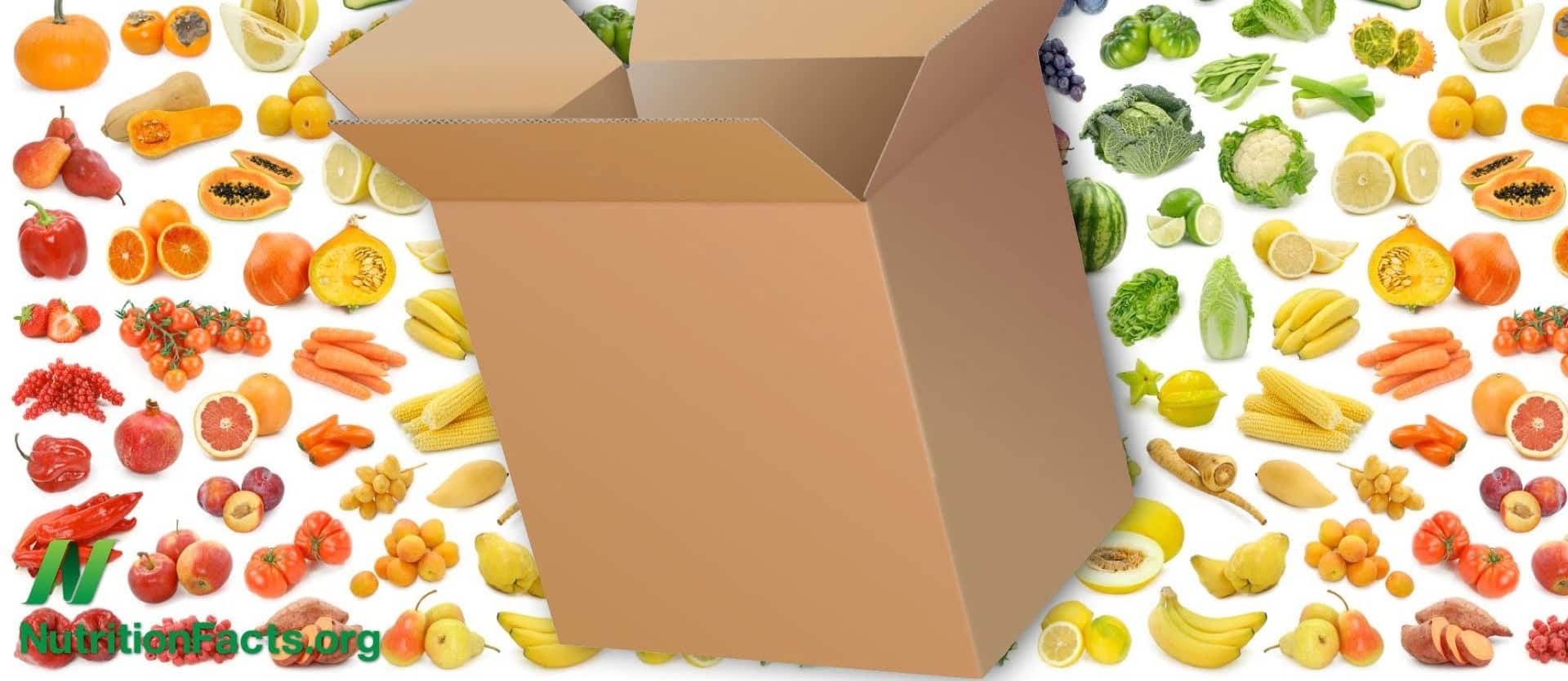 illustration of a box with various fruits and vegetables in the background