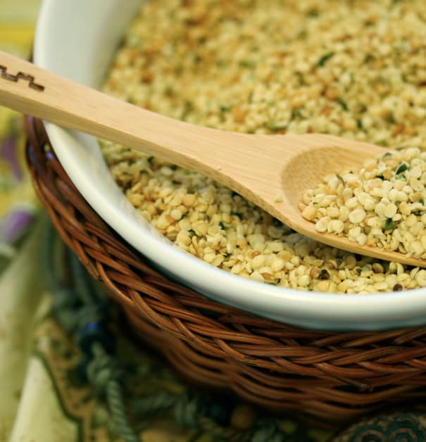 bowl of shelled hemp seeds
