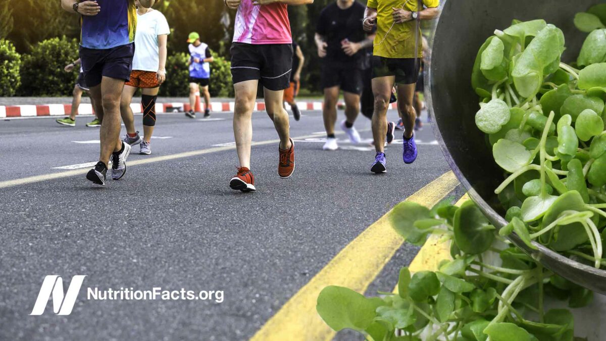 people road running and a bowl of watercress