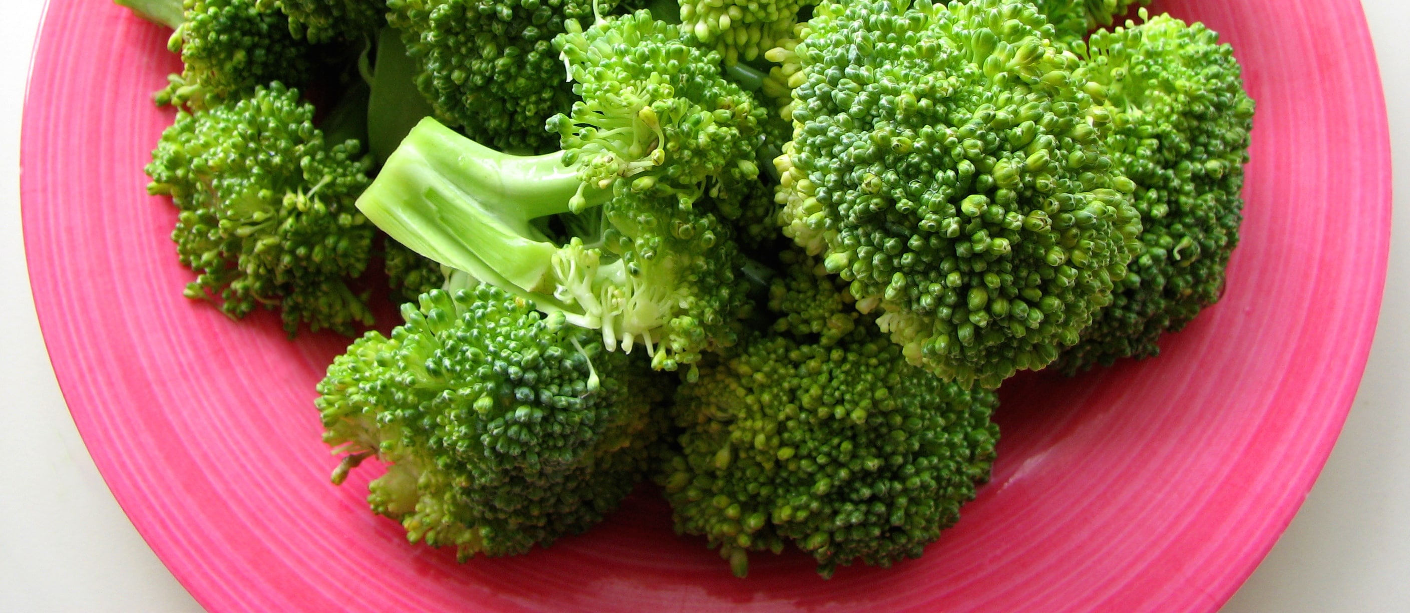 florets of broccoli on a pink plate