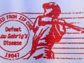 close-up of a postal stamp saying "defeat Lou Gehrig's disease"