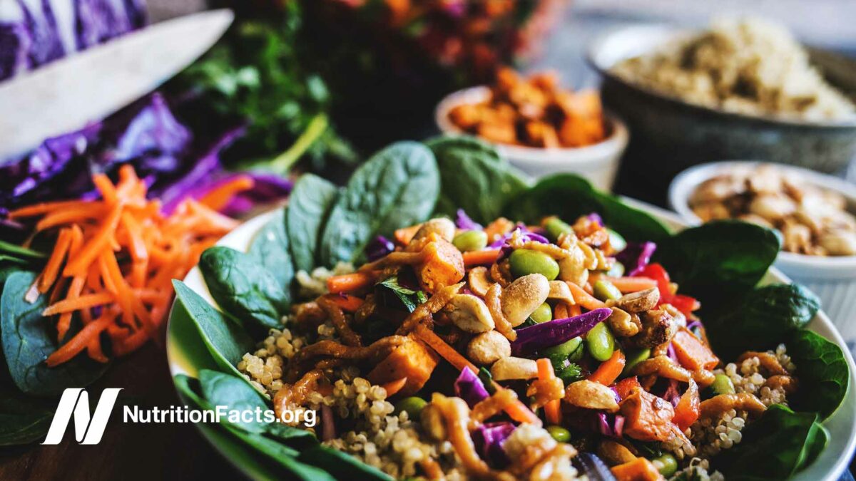 dishes of assorted colorful plant-based foods