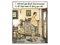 comic strip illustration of a man with cow udders standing in front of a mirror