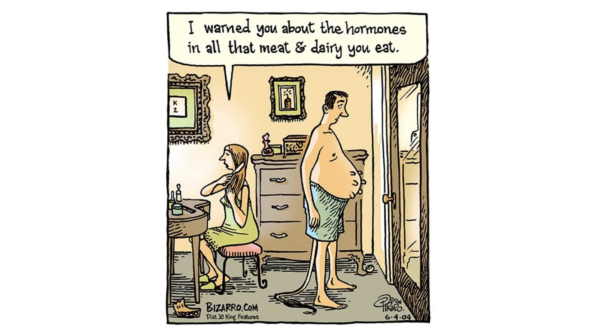 comic strip illustration of a man with cow udders standing in front of a mirror