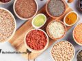 bowls of various whole grains, legumes, seeds, and fruits