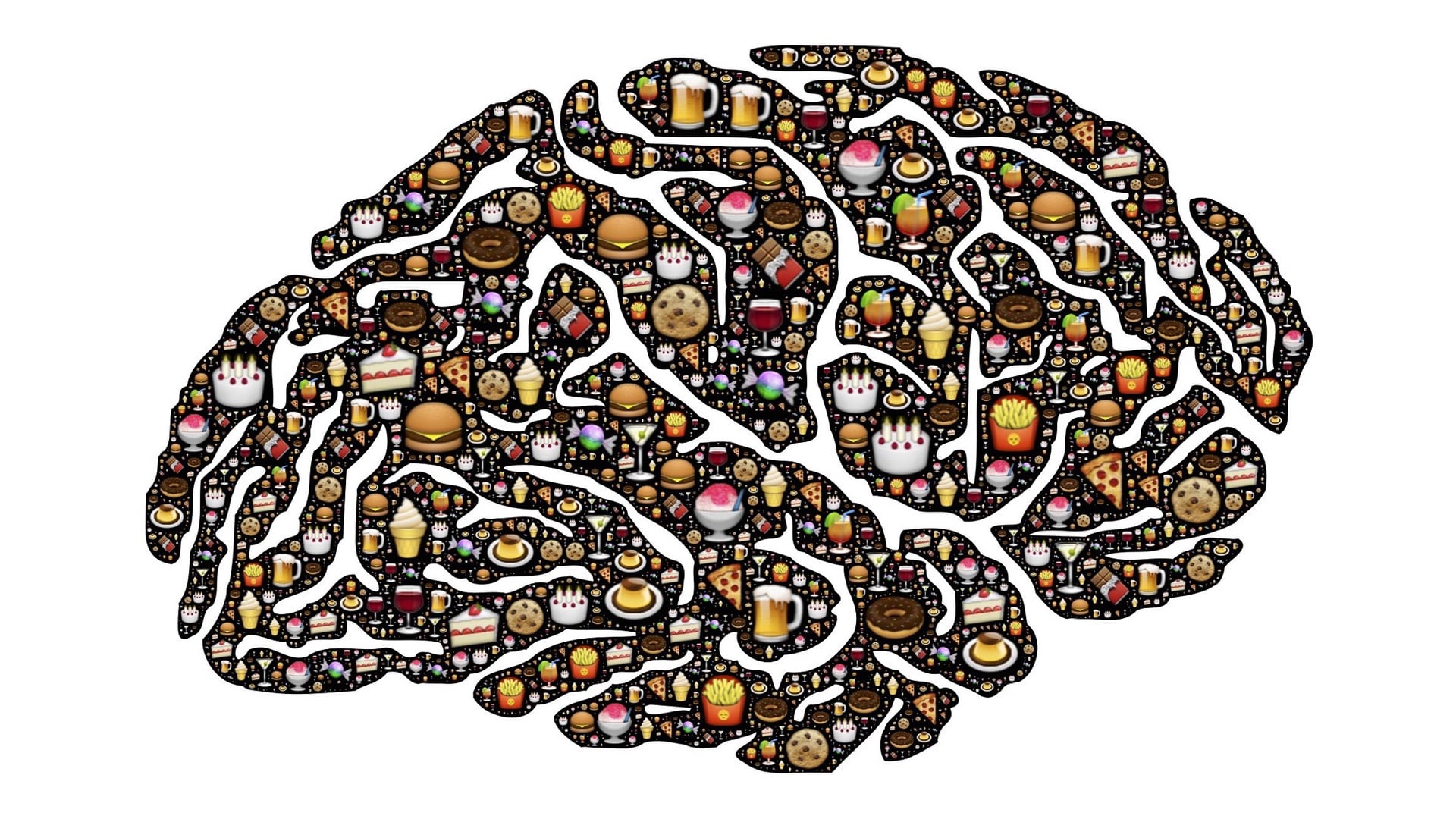 illustration of a brain with various junk foods filling it in