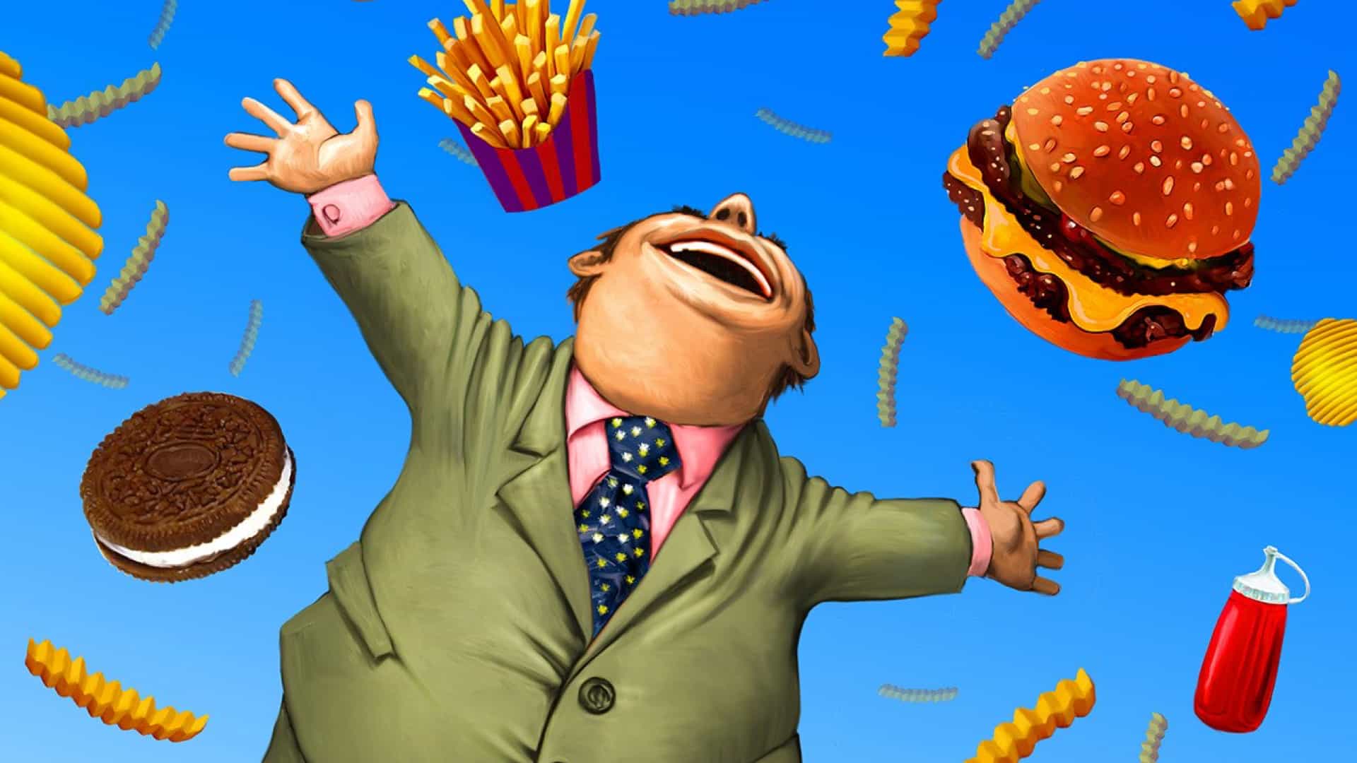 illustration of an overweight person surrounded by junk food