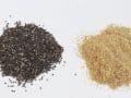 a small mound of chia seeds and of flax seeds