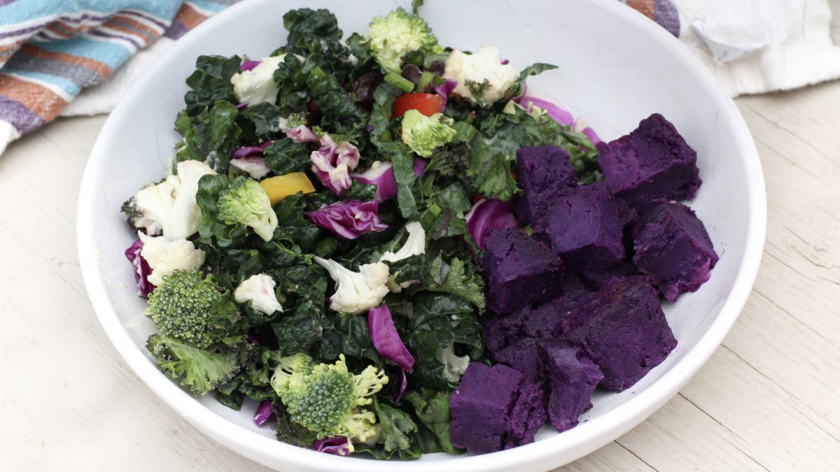 bowl of various vegetables and purple sweet potato
