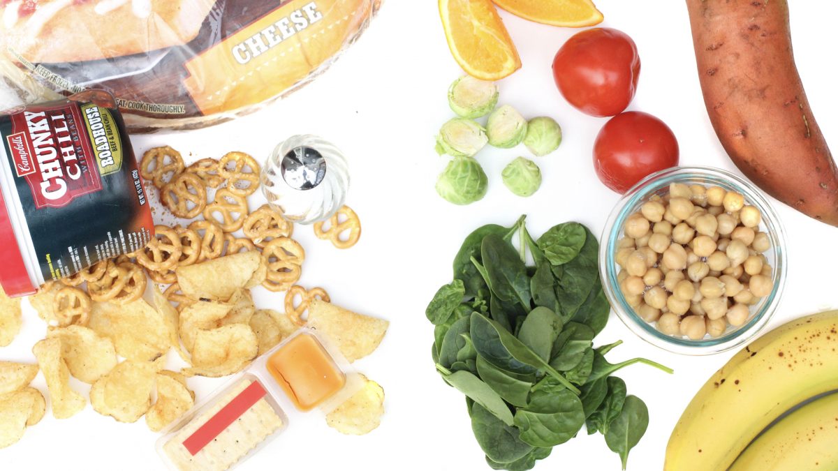 various process snacks on one side, and various fruits and vegetables on the other