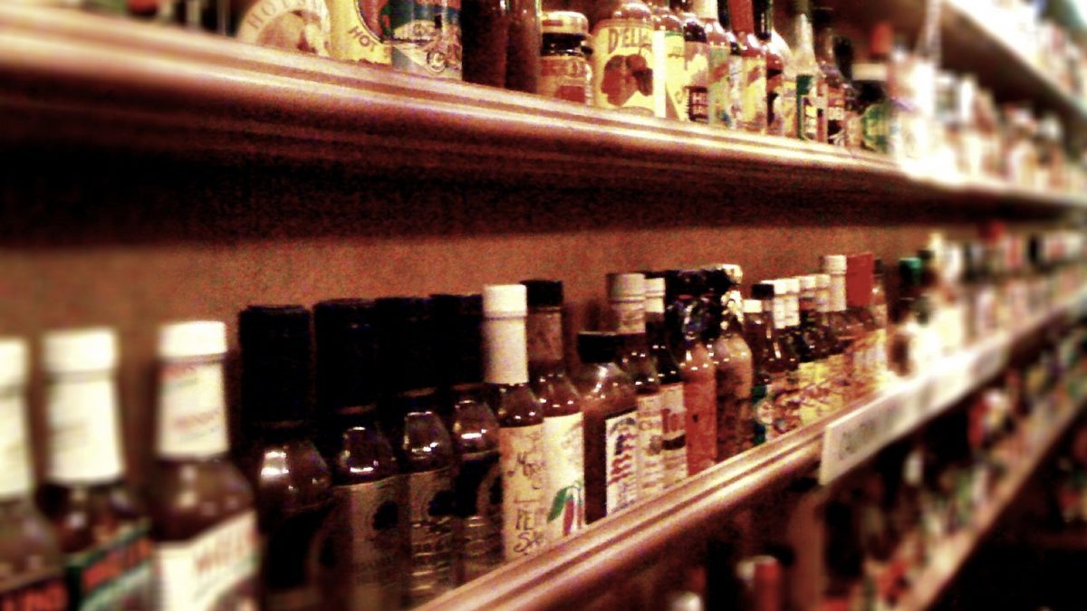 shelves of hot sauces