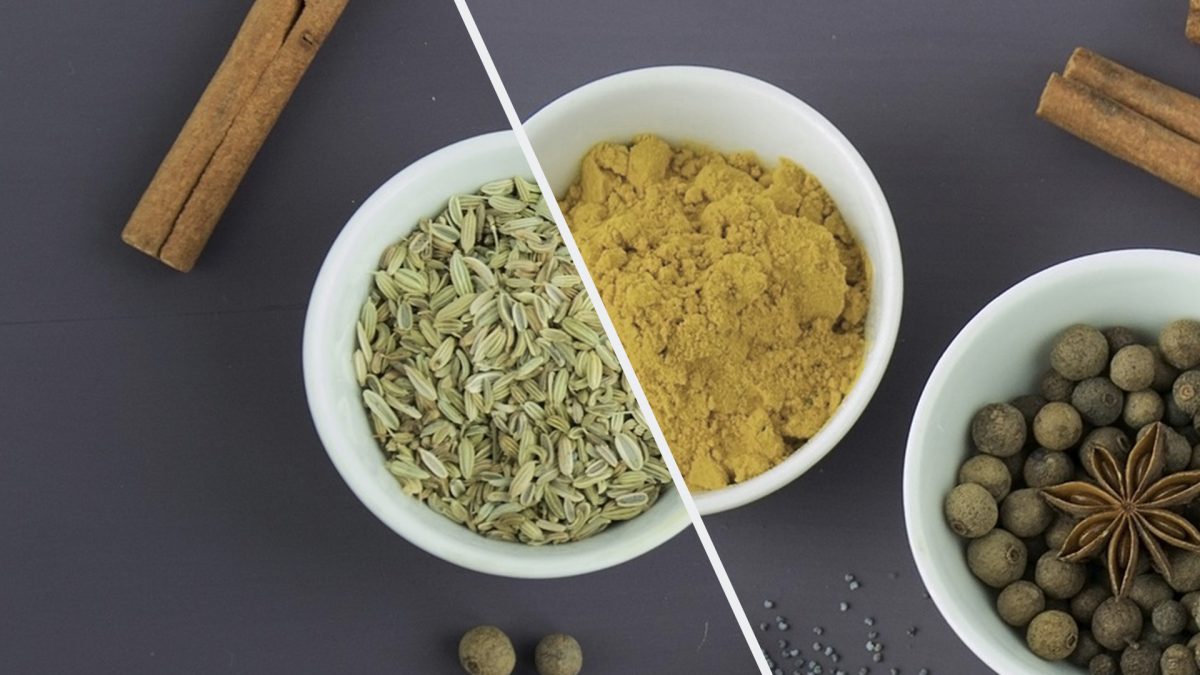 ramekins of fennel seeds, ground ginger, and other spices