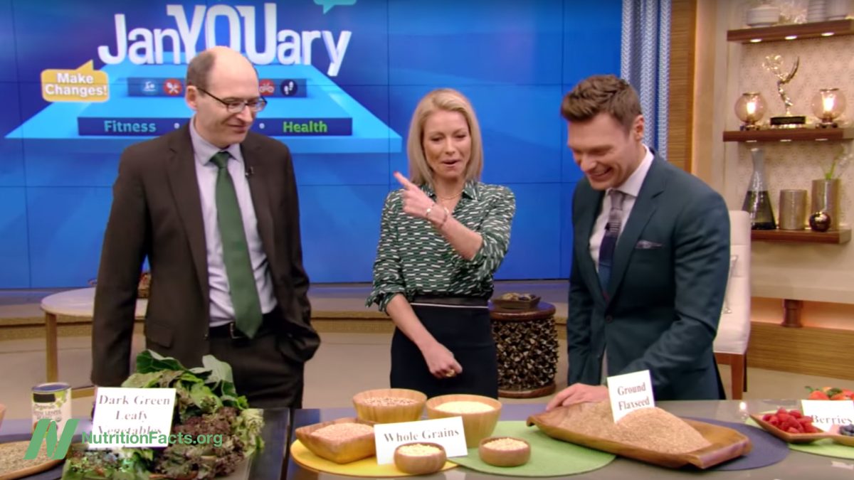 Dr. Greger showing the Daily Dozen to Kelly and Ryan