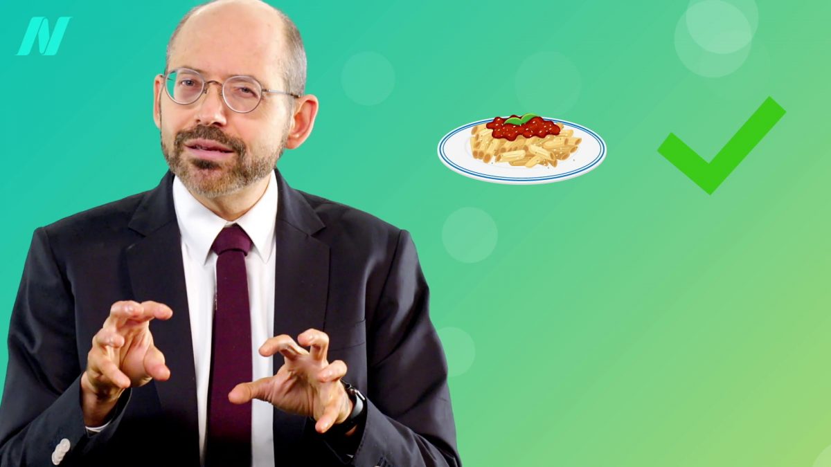 Dr. Greger with an illustration of a plate of pasta in the background