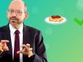 Dr. Greger with an illustration of a plate of pasta in the background