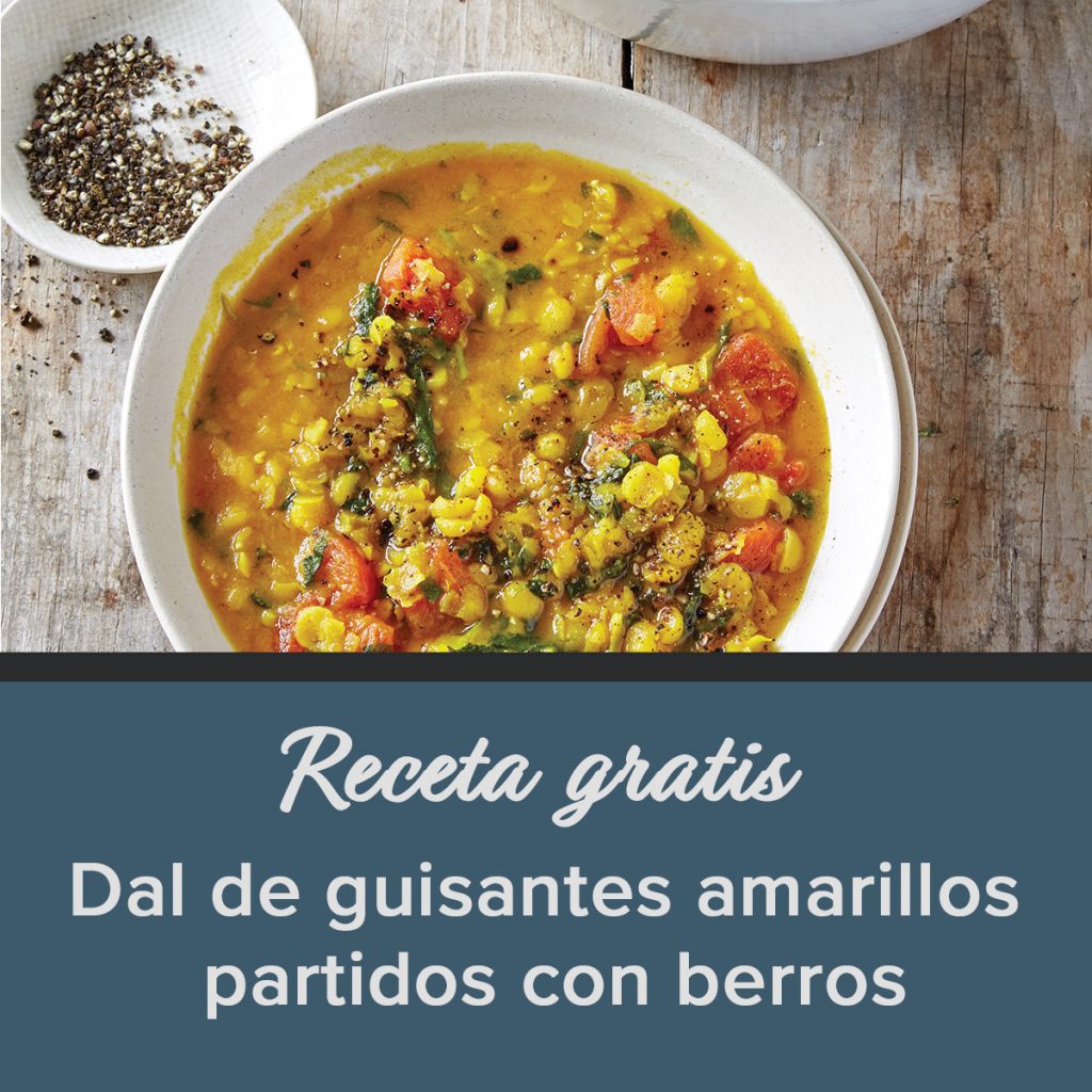 Una foto de un dal amarillo. Debajo se lee: "Receta gratis. Dal de guisantes amarillos partidos con berros".