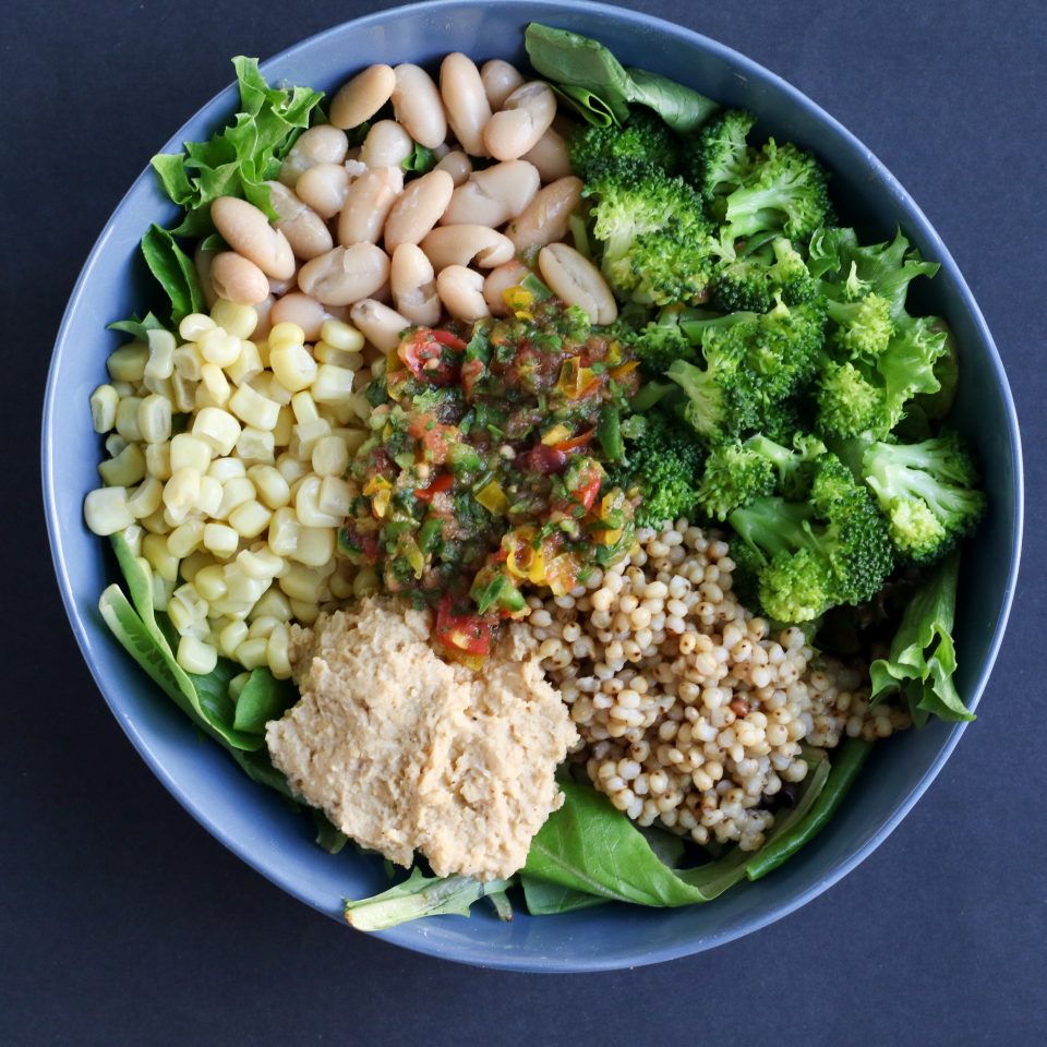 bowl of vegetables, whole grains, and legumes