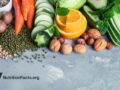 Fresh plant based diet ingredients on light countertop