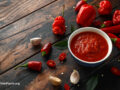 Spicy peppers on a dark wooden surface