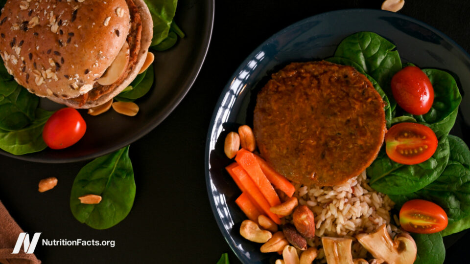 Plates with meals including plant-based patties