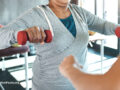 Dumbbell and fitness with old woman, elderly exercise