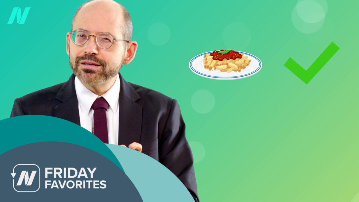 Dr. Greger with an illustration of a plate of pasta in the background