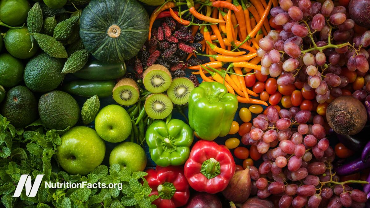 Assortment of fruits and vegetables organized by color