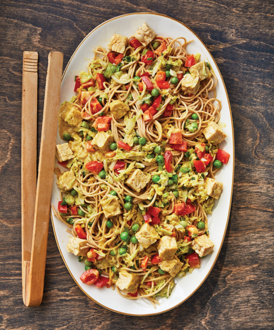 dish of noodles with tempeh and vegetables
