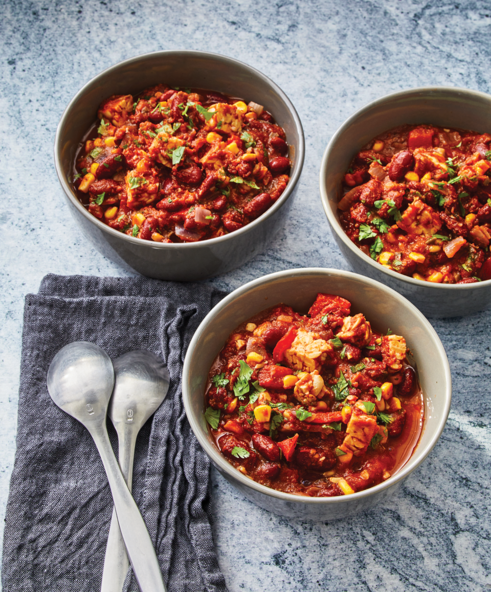 three bowls of tempeh and vegetable chili