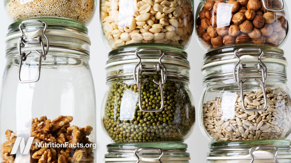 Nuts, seeds, and legumes in glass jars