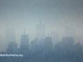 Landscape view of a polluted city with tall buildings and skyscrapers