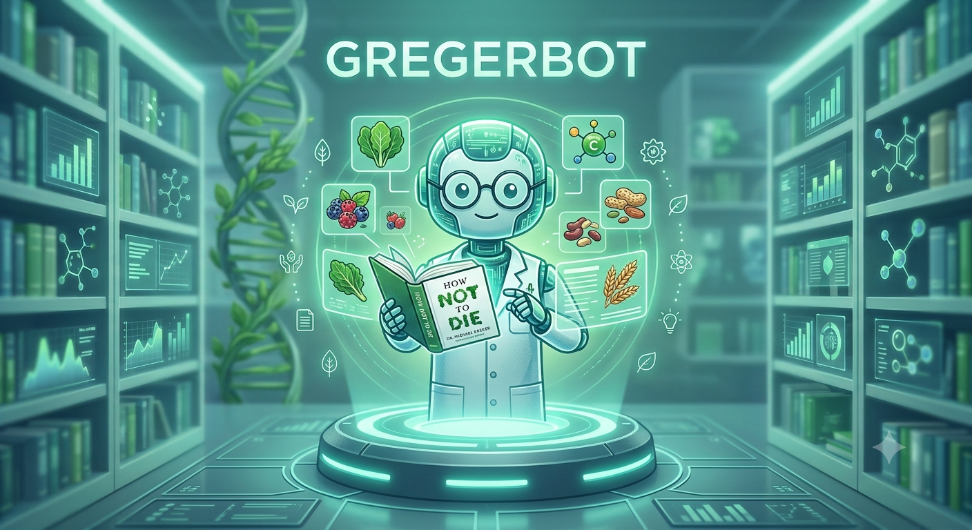 A friendly cartoon robot (GregerBot) in a lab coat and glasses reads "How Not to Die" in a futuristic library, surrounded by icons of leafy greens, berries, nuts, beans, and grains
